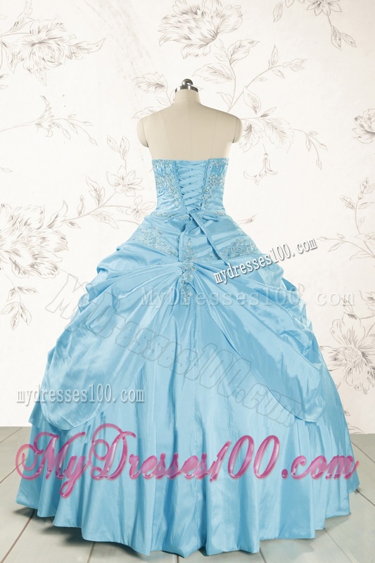 2016 Discount Strapless Appliques Sweet 15 Dress in Aqua Blue